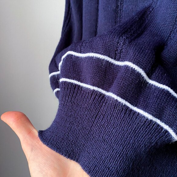 🍂 90s Vintage Navy & Blue White Preppy Knit  V-Neck Sweater Vest - Picture 2 of 6